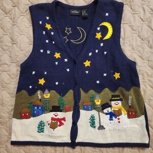 Vintage 90s Ugly Christmas Vest Snowman Sun Moon Sweater Vest Size Large